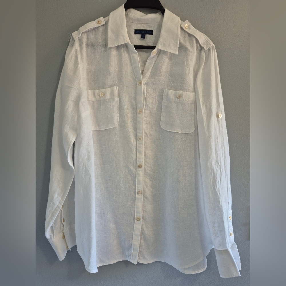 Martin + Osa Classic White Linen summer beach boho lounge Shirt Women Size 8